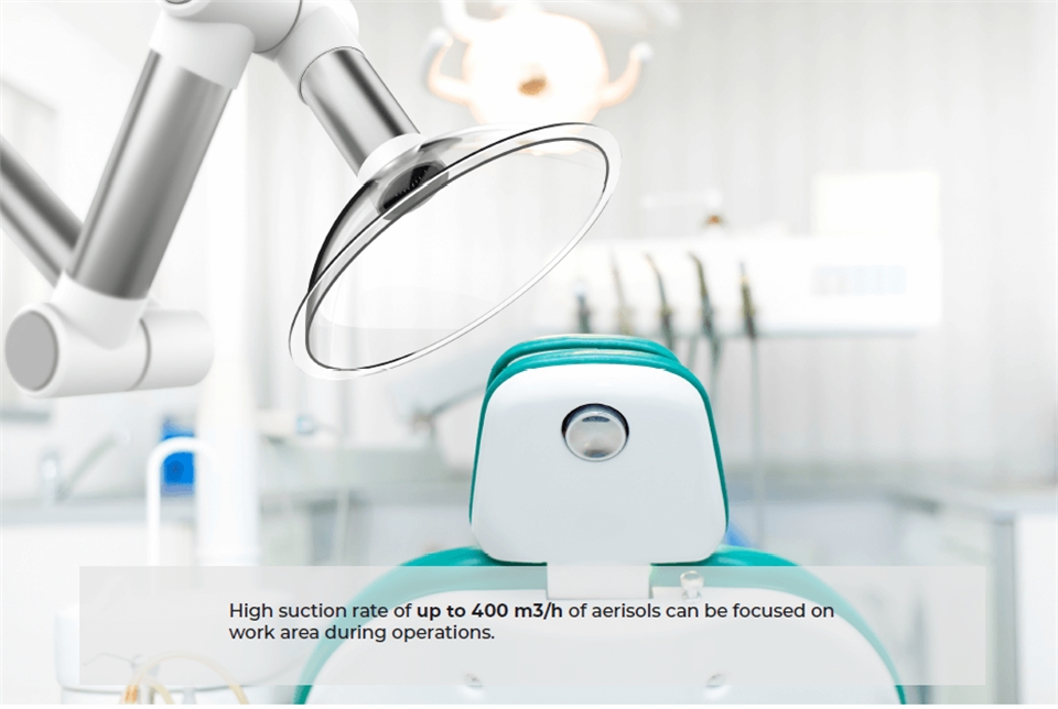 Dental air purifier removes the aerosols, bacteria and viruses from the air within the dental surgery